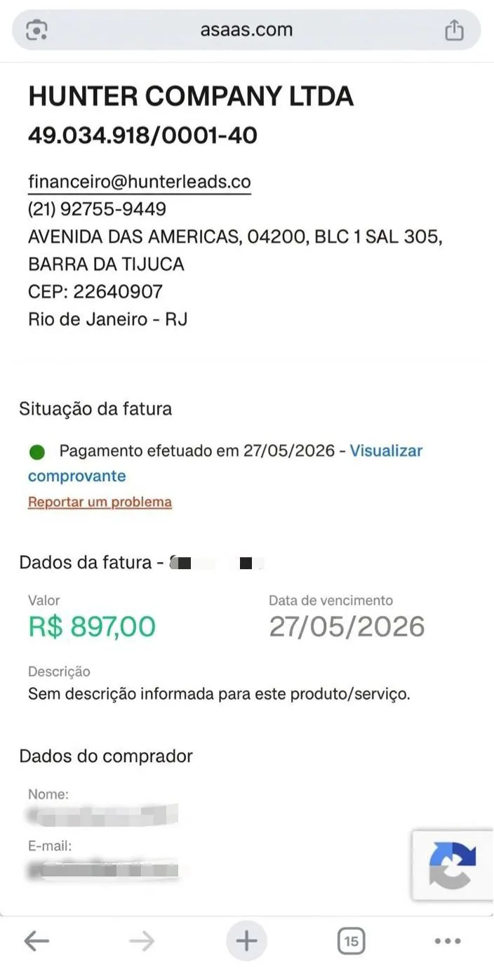 Pagamento de R$ 897 recebido, com os dados do comprador ocultados